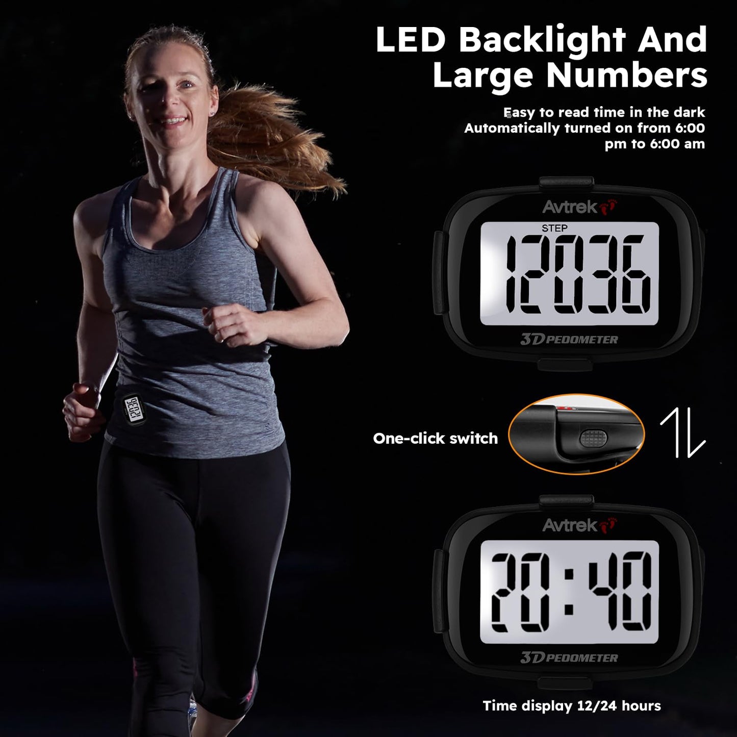 AVTREK 3D Step Counter Clip On with LED Backlight Pocket Pedometer for Walking Outdoor Activities Fitness Tracker Without Smartphone (Black)