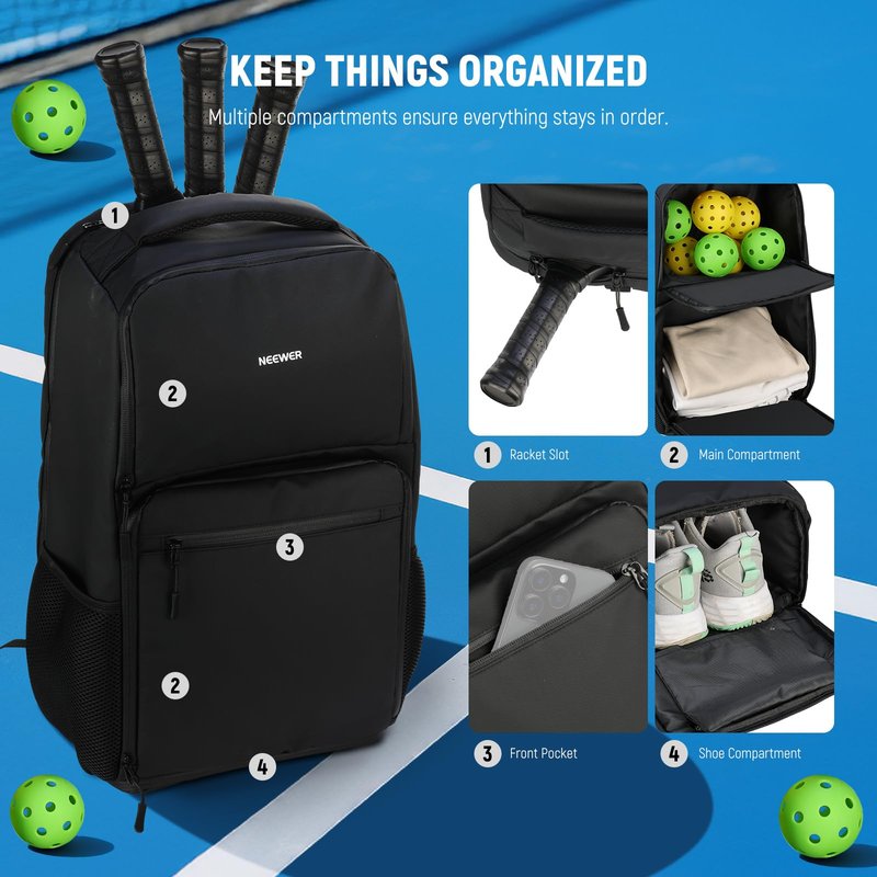 NEEWER Pickleball Bag for Men/Women, Holds 4-10 Paddles/6 Pickle Balls/Size 16 Shoes, Water Resistant Accessories Backpack with Shoe Compartment, Fence Hook, Side Pockets, Rubber Feet, PB01B