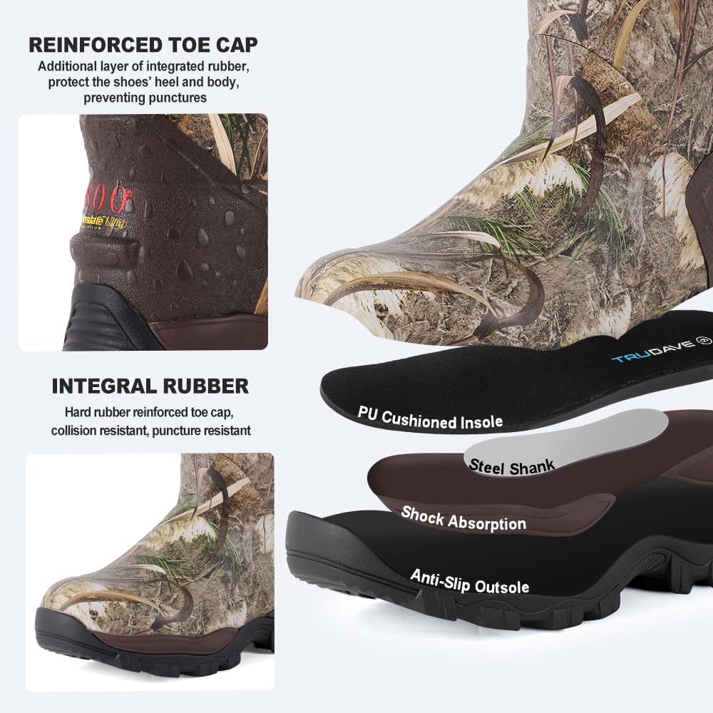 Trudave Hunting Boots for Men - 6mm Neoprene Camo Insulated And Waterproof Rubber Boots with Steel Shank