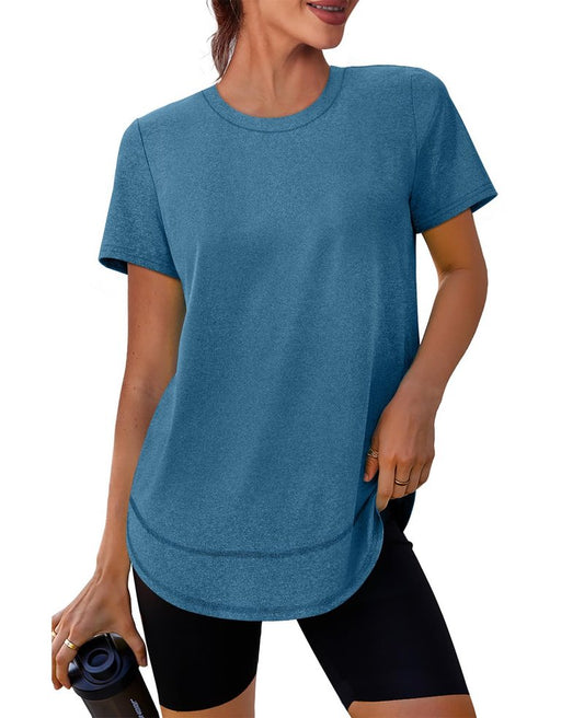 Short Sleeve Shirts for Women Workout Yoga Tops Sun Protection Clothing Summer Outfits Rash Guard Side Slit Blue Green XL