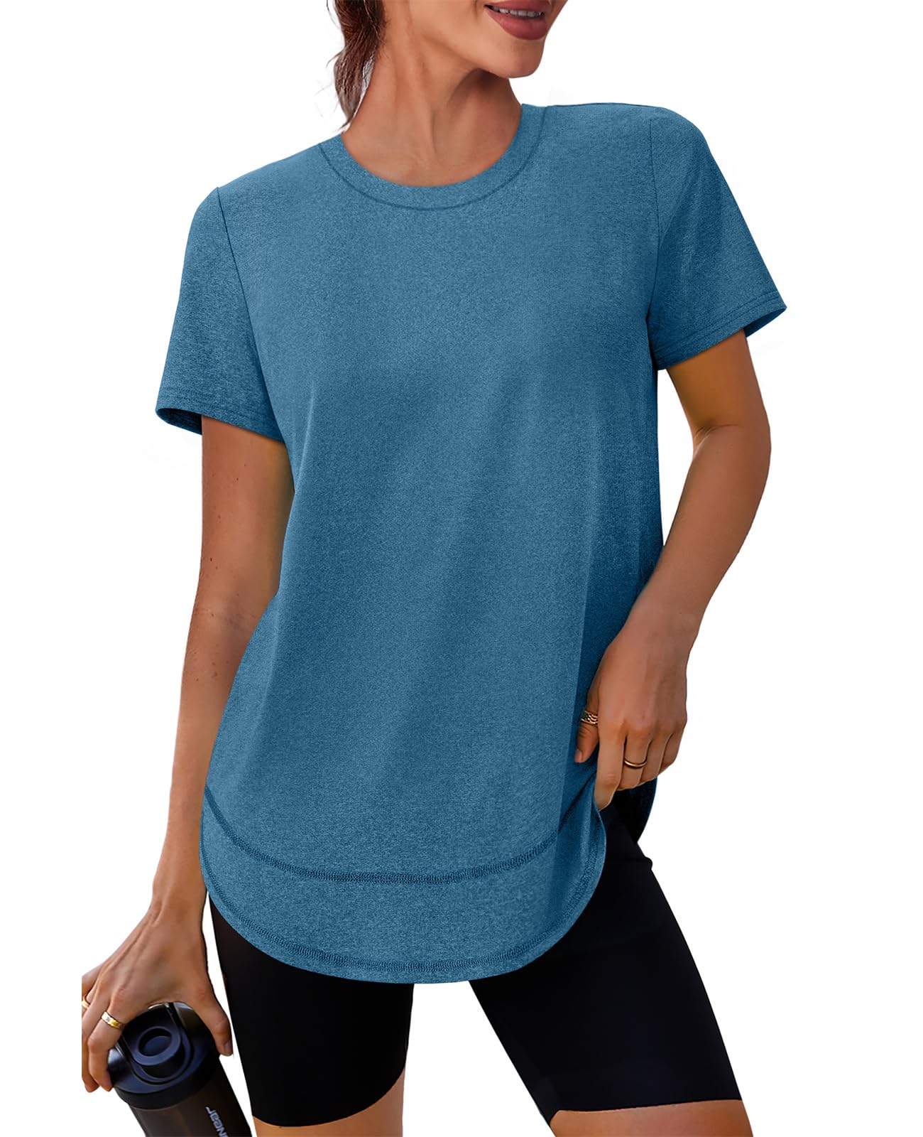 Spring Summer Tops for Women Short Sleeve Hiking Shirts Athleisure Golf Shirt Beach Fashion Curved Hem Loose Fit Blue Green XXL