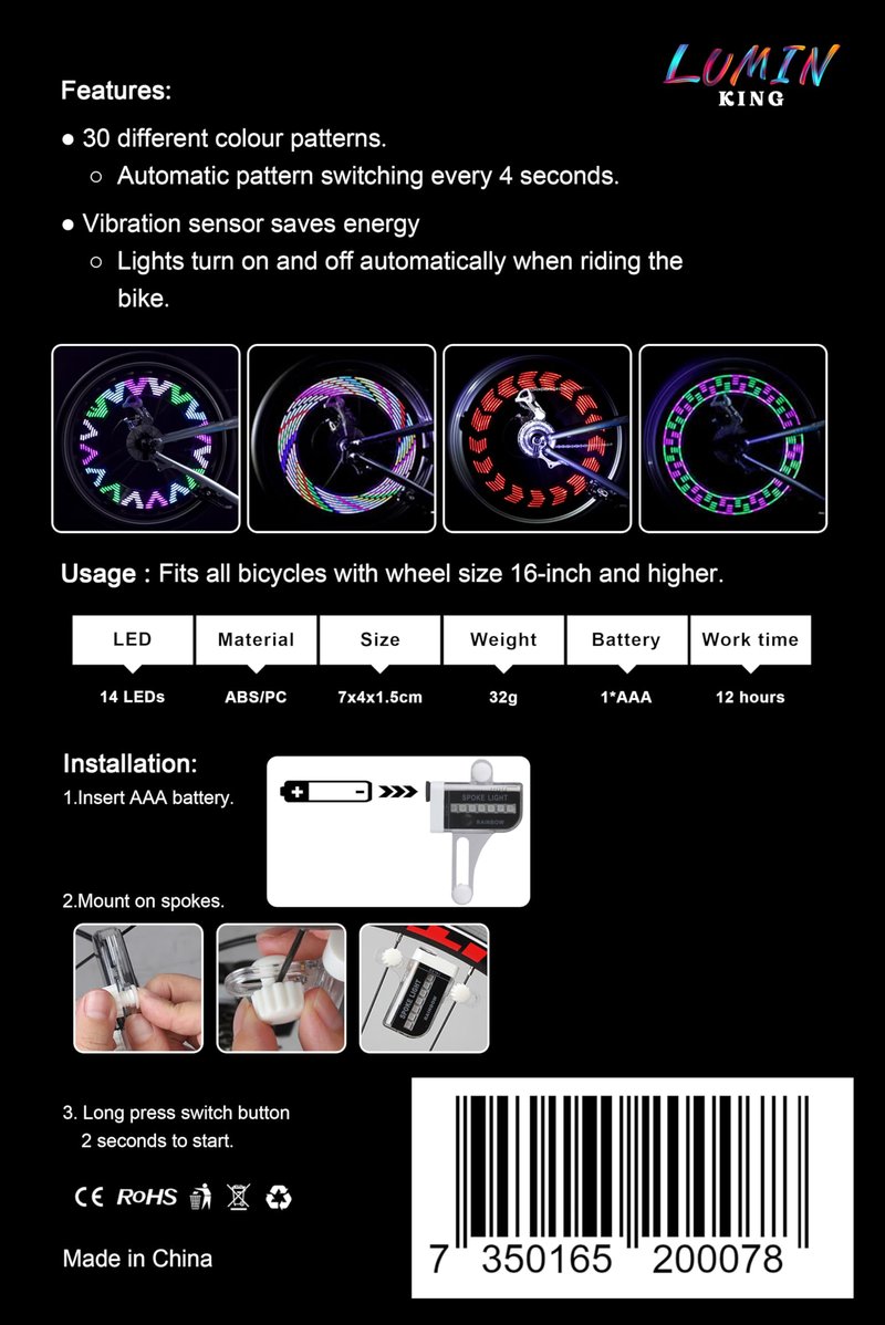 LuminKing Bicycle LED Spoke Light - 30 Colour Patterns, Automatic Pattern Switching, Easy Wheel Mount