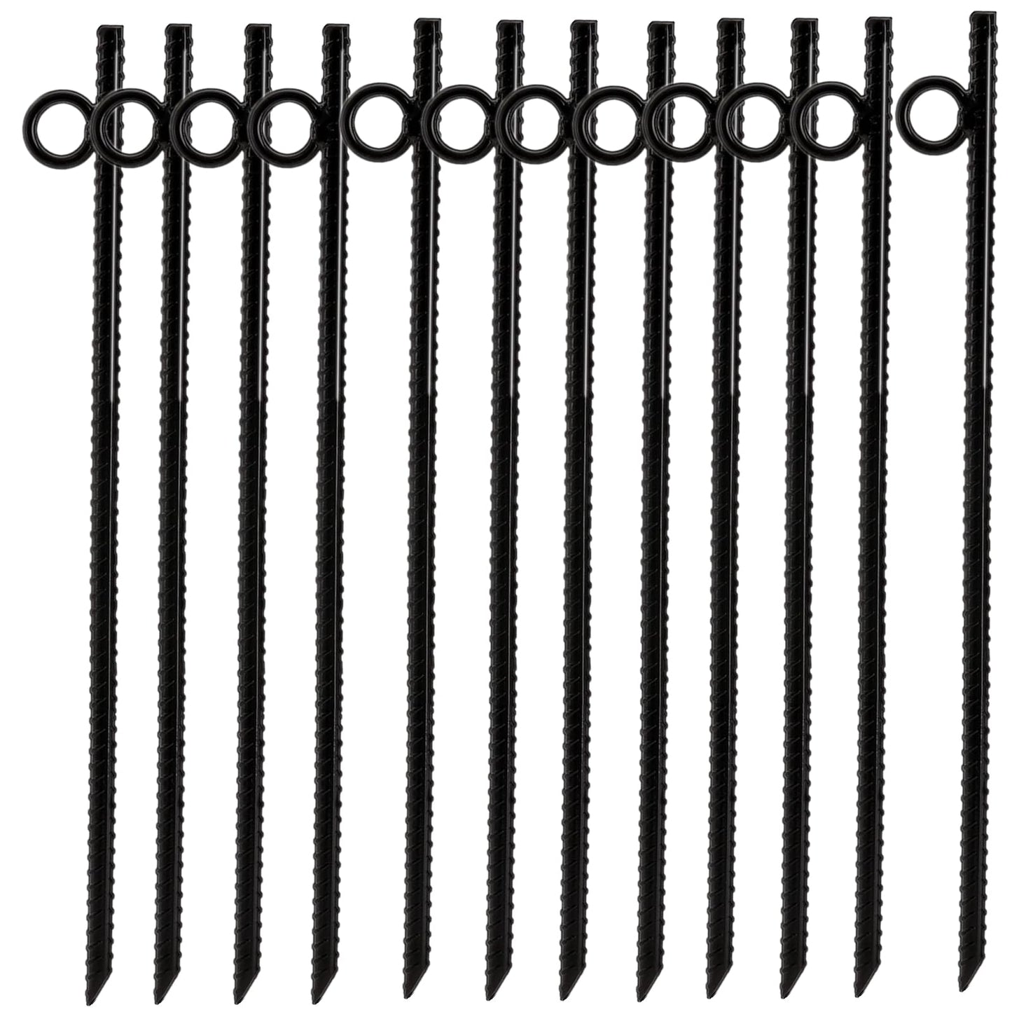 NROZIET 12 Pack 16 Inch Ground Stakes Heavy Duty, Black Steel Ground Anchors with Loop, Reusable Tent Rebar Tent Stakes for Sheds Outdoor Camping Walkway Fence