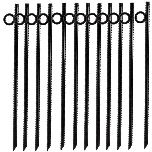 NROZIET 12 Pack 16 Inch Ground Stakes Heavy Duty, Black Steel Ground Anchors with Loop, Reusable Tent Rebar Tent Stakes for Sheds Outdoor Camping Walkway Fence