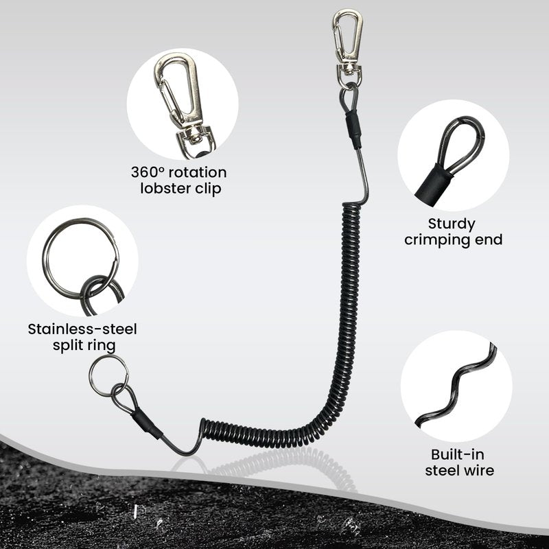 Pristis 6 pcs Fishing Coiled Lanyards, Heavy-duty Retractable Keychain Pole Tether, Stretchy Safety Leash with Steel Wire Carabiner, Board Rod Strap Accessory for Tools Gear Tackle Kayak, Black & Blue