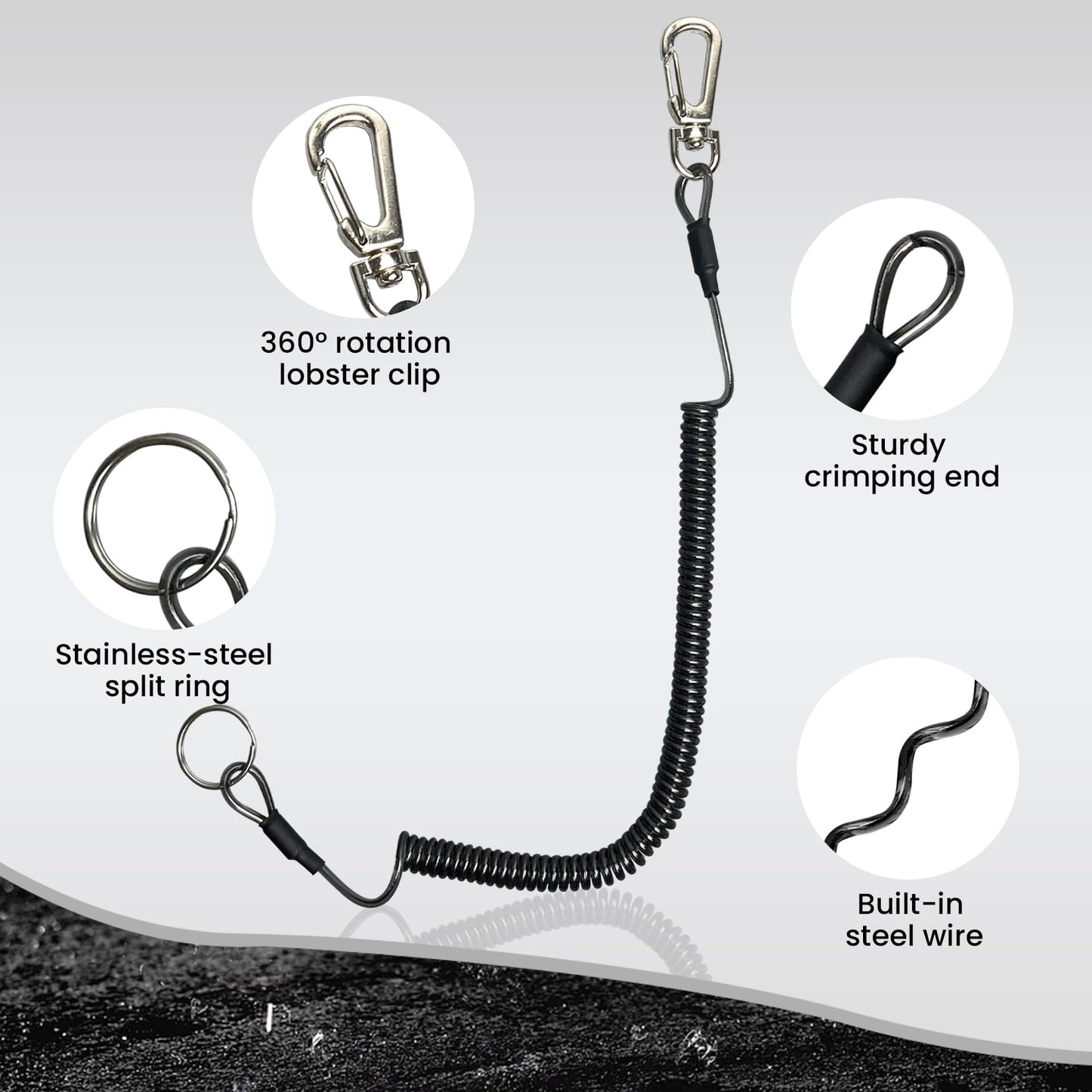 Pristis 6 pcs Fishing Coiled Lanyards, Heavy-duty Retractable Keychain Pole Tether, Stretchy Safety Leash with Steel Wire & Carabiner, Board Rod Strap Accessory for Tools Gear Tackle Kayak, Black