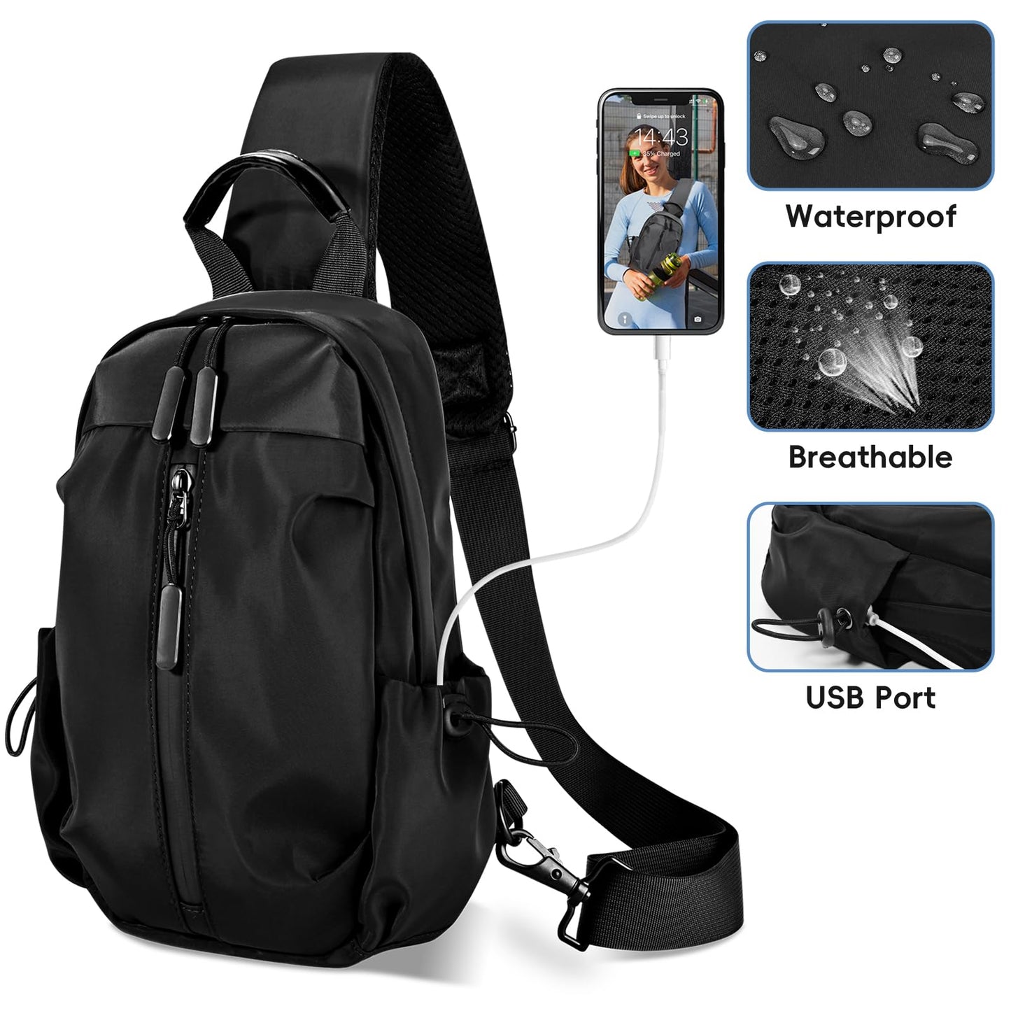 Crossbody Sling Bag for Women Men, Nylon Small Sling Backpack Chest Bag Cross Body Bag Hiking Travel Outdoor USB Charger Port