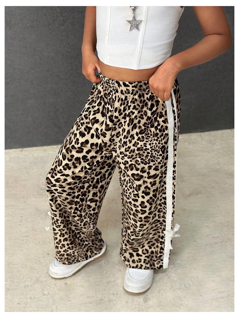 GORGLITTER Girl's Leopard Cheetah Print Pants Baggy Animal Wide Leg Sweatpants Y2K Bow High Waist Loose Joggers Bottoms Brown 7 Years