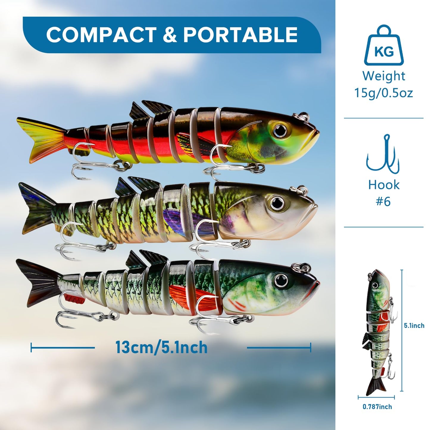 Keenjorika 3Pcs 8 Segment Swimbait Fishing Lure, Realistic Hard Bait with 3D Eyes & Natural Swimming Action, Slow Sinking Artificial Lure for Bass, Pike, Walleye, Trout, Freshwater Saltwater Fishing