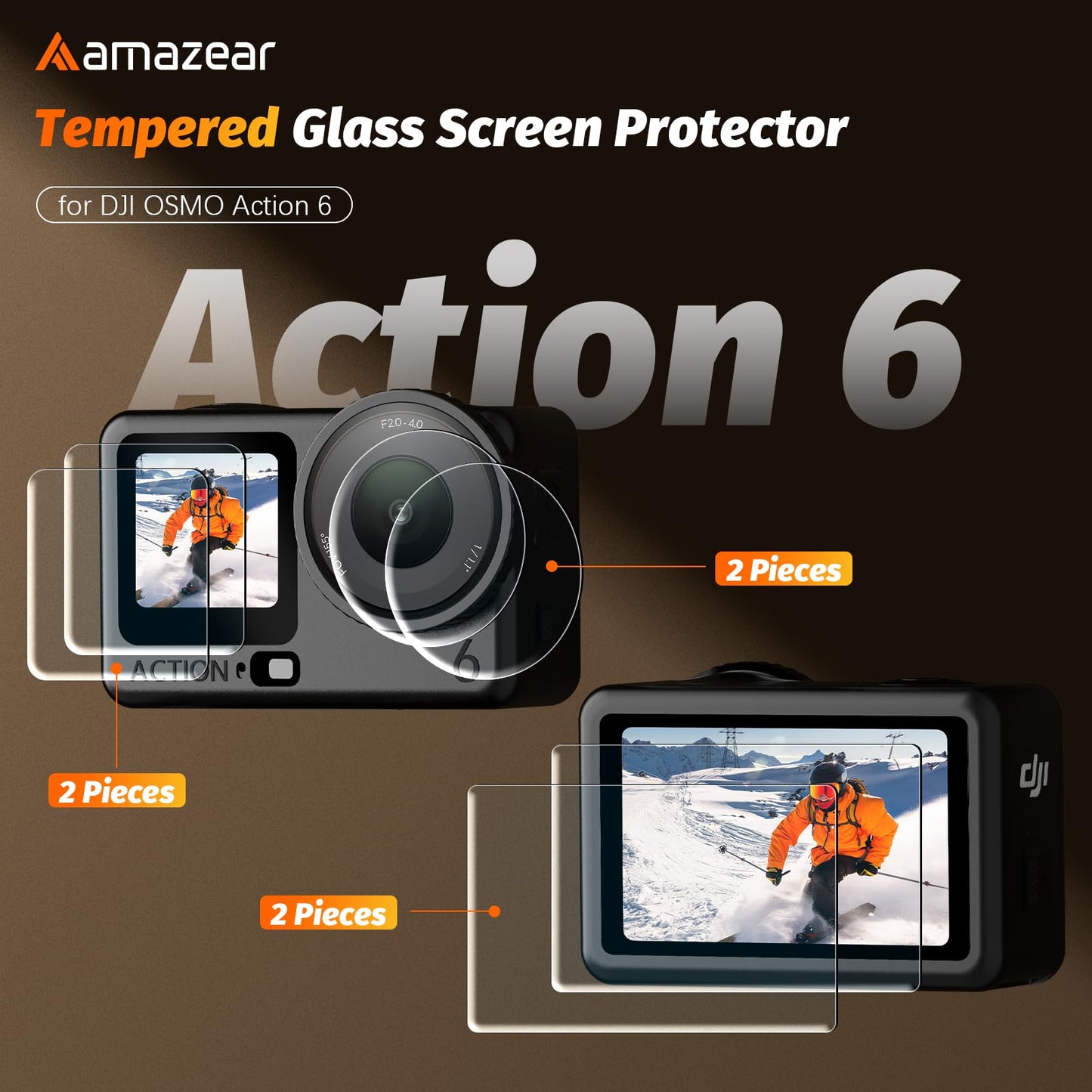 AMAZEAR Lens Screen Protector for DJI Osmo Action 6 Accessories (2 Sets), Action6 Pro Tempered Glass Protector OLED Display, Full Protection, Ultra HD, 9H Hardness, Scratch Resistant(TGP)
