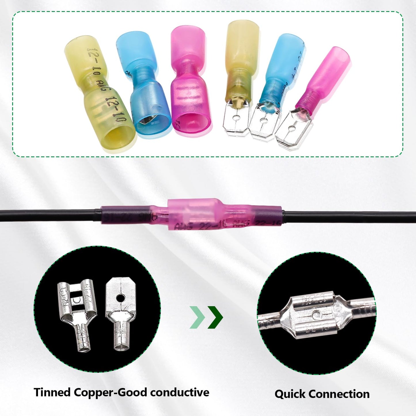 Twidec/100PCS Heat Shrink Spade Connectors Kit 22-10 AWG Female and Male Spade Terminlas Quick Disconnect Connectors Fully Insulated Electrical Wire Crimp Connector for Automotive Marine N-070-100PCS