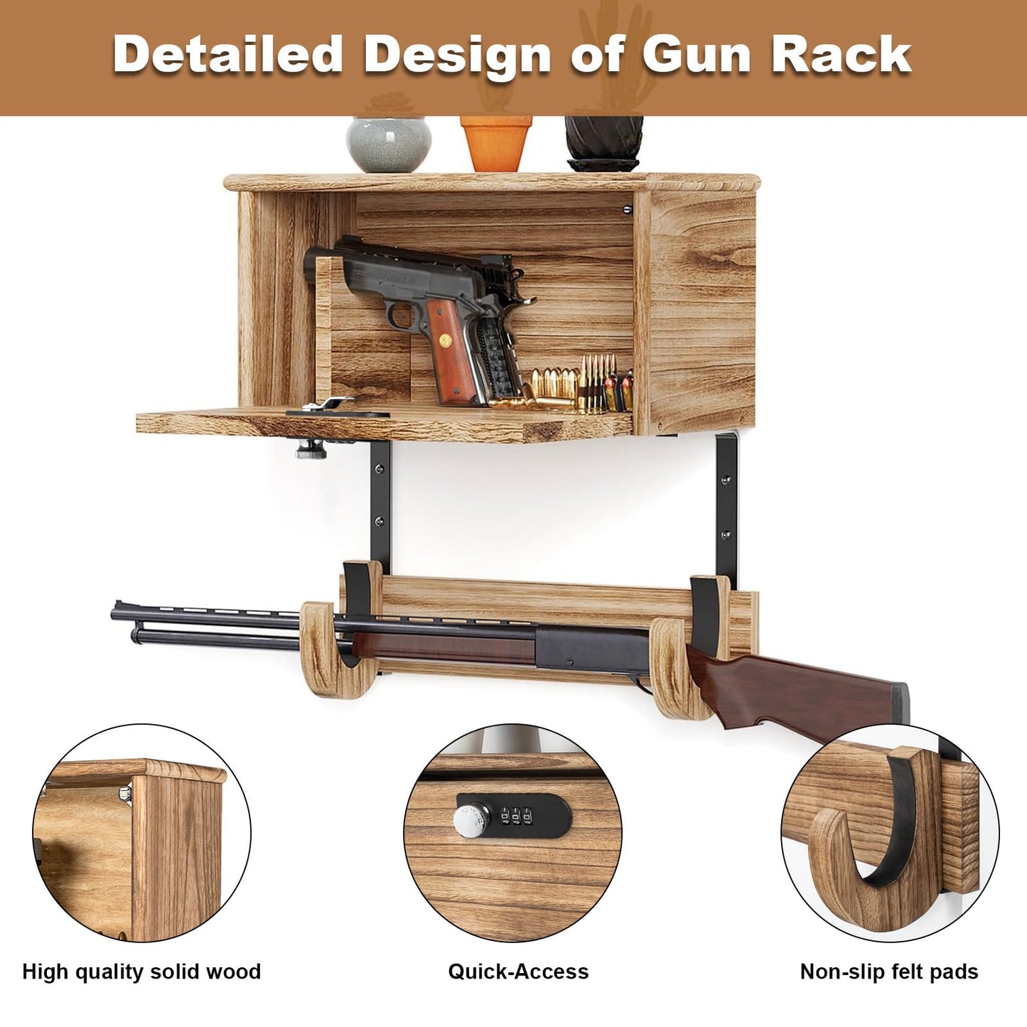 Wooden Wall Mount Gun Rack with Lock, 2-in-1 Horizontal Display for Rifle, Shotgun and Dual Pistols, Secure Firearms Storage Hanger
