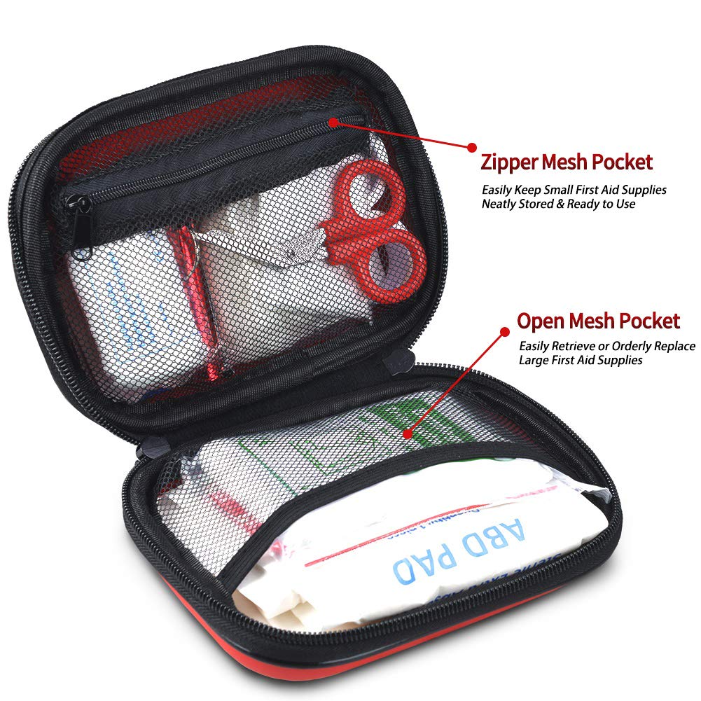 I GO 85 Pieces Hard Shell Mini Compact First Aid Kit, Small Personal Emergency Survival Kit for Travel Hiking Camping Backpacking Hunting Marine Car, Red