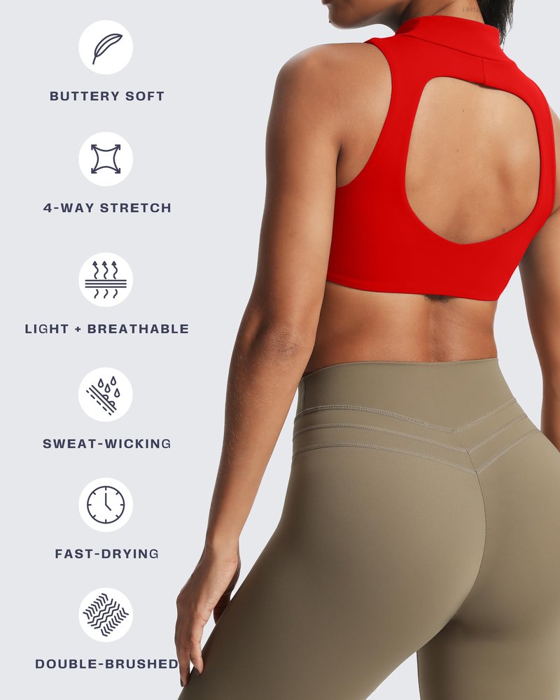 Aoxjox Women's Kim Cutout High Neck Tank Workout Sports Bras Fitness Training Gym Bra Yoga Crop (Racing Red, Medium)