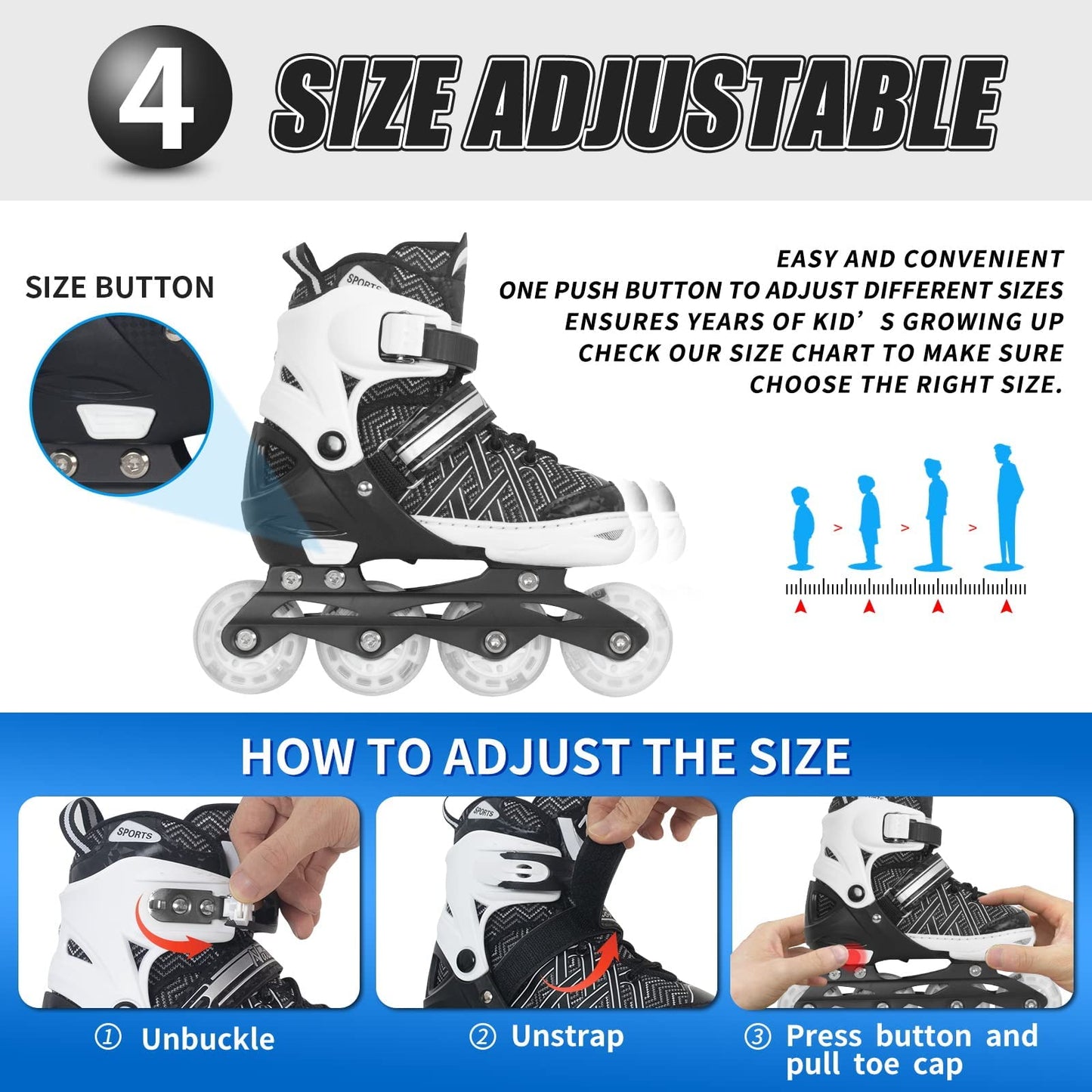 Nattork Adjustable Inline Skates for Kids Boys & Girls, Blue Black Red with Light up Wheels, Youth Blade Roller Skating for Beginners Ages 3-15