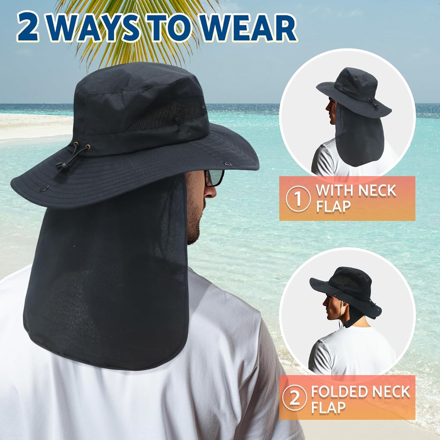 Sun Fishing Hat with Neck Flap - UV Protection Wide Brim Bucket Hat for Men & Women