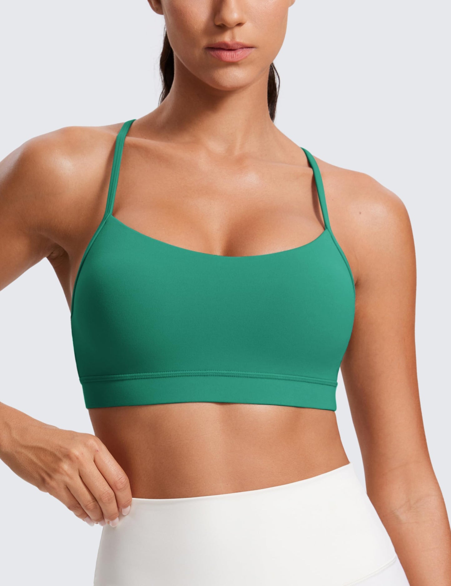 CRZ YOGA Butterluxe Y Back Sports Bras for Women - Padded Racerback Low Impact Spaghetti Thin Strap Workout Yoga Top Cascadia Green Small