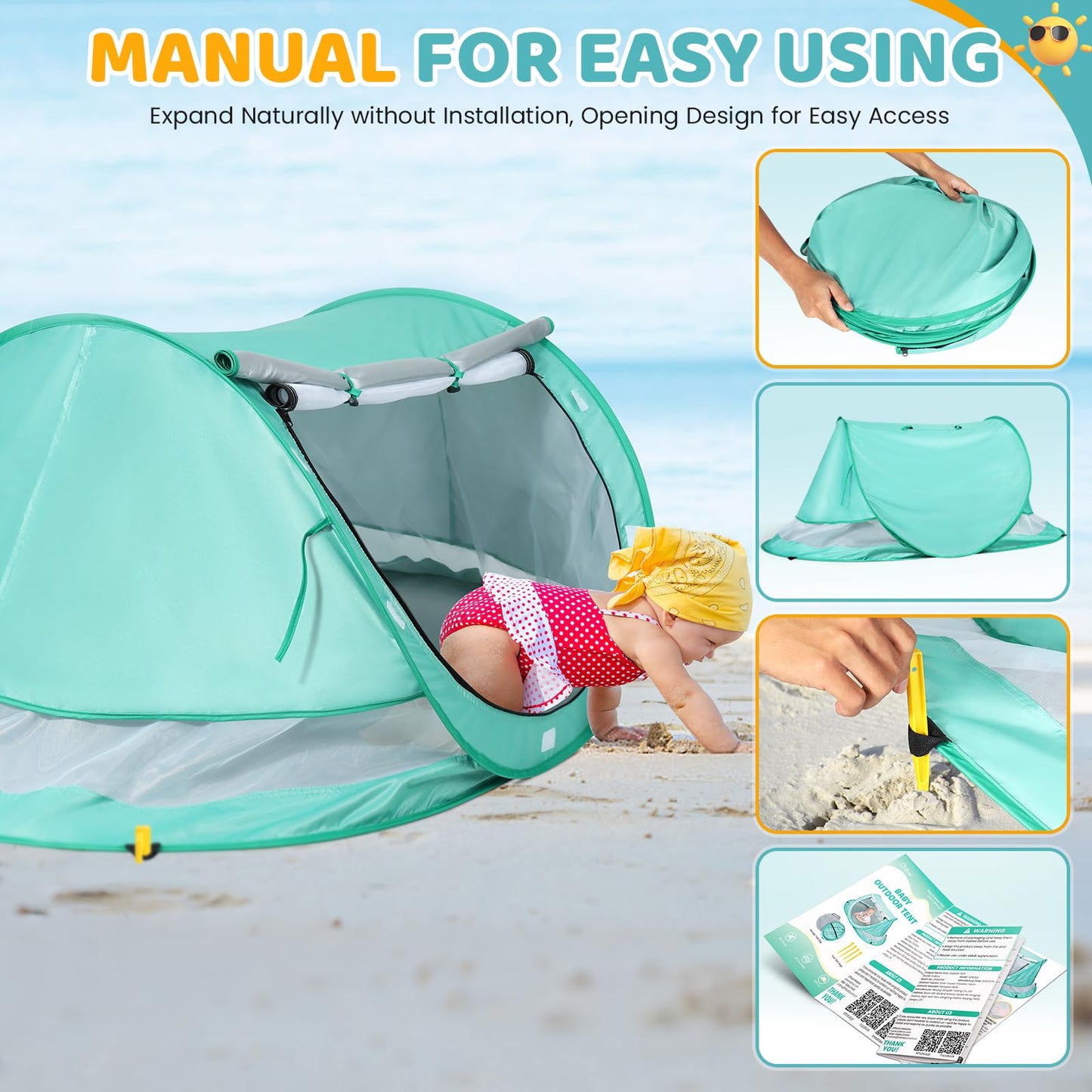 Orzbow Baby Beach Tent, Large Pop Up Beach Tent Sun Shelter with Mosquito Net, UPF 50+ UV Protection Sun Shelter, Portable with Carry Bag & 4 Stakes, Baby Summer Essentials for Boys and Girls, Green