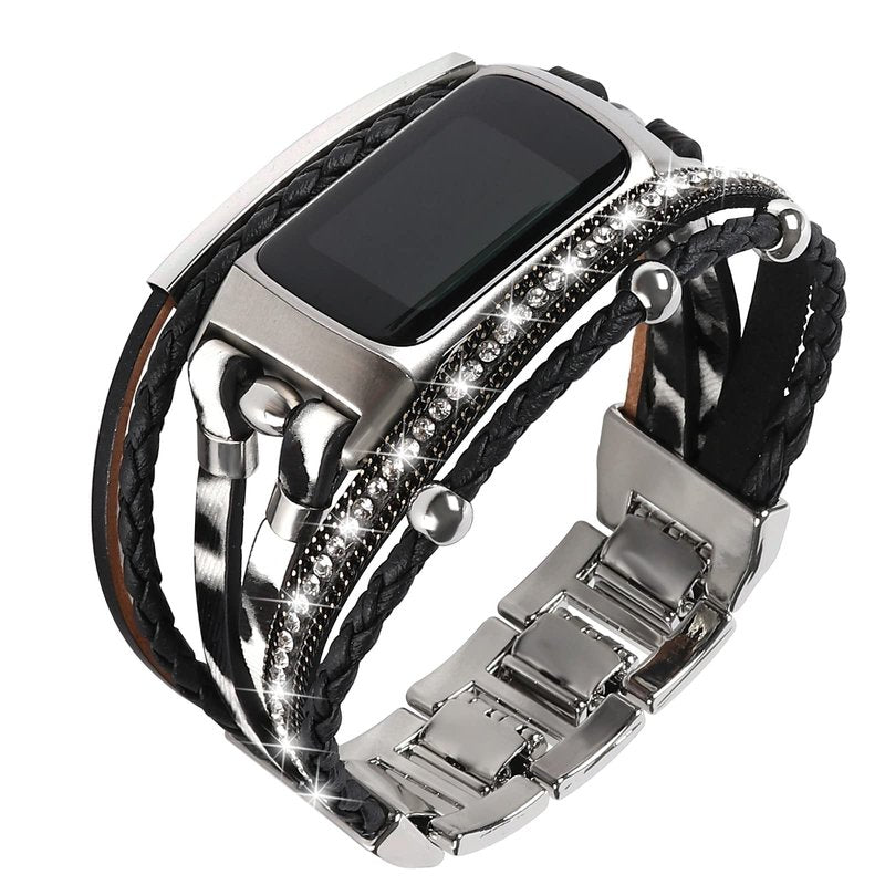 Leather Bands Compatible with Fitbit Charge 6/Charge 5 Bands for Women, Boho Handmade Multilayer Wrap Bracelets Jewelry Strap Replacement for Charge 6/Charge 5 Fitness Tracker (Black White)