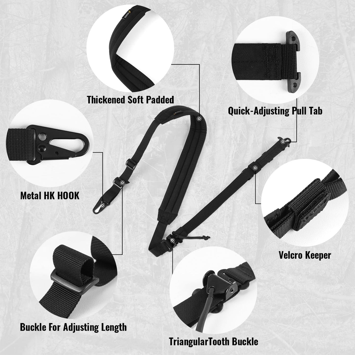 QD Sling 2 Point Sling Quick Adjust Gun Sling with HK Hook Soft Shoulder Pad Sling, Rifle Sling for Hunting Tactical Strap