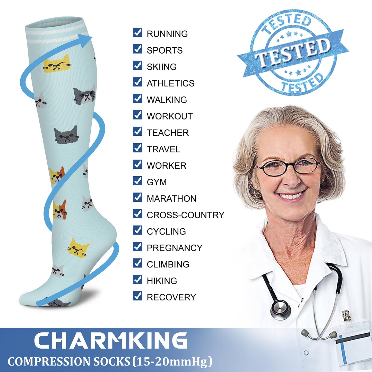 CHARMKING Compression Socks for Women & Men (8 Pairs) 15-20 mmHg Graduated Copper Support Calf Socks are Best for Pregnant, Nurses - Boost Performance, Circulation, Knee High Wide Calf(S/M, Multi 54)