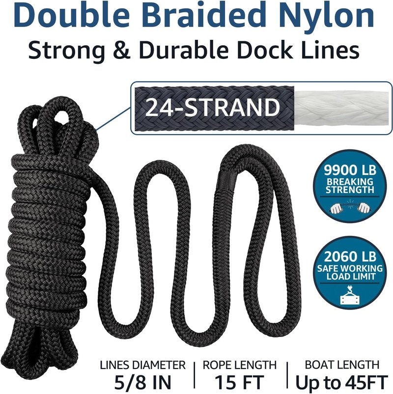 Boat Dock Lines - 5/8" x 15' Marine-Grade Double Braided Nylon Dock Rope | Fray Resistant, Easy Handling - 2 Pack, Black