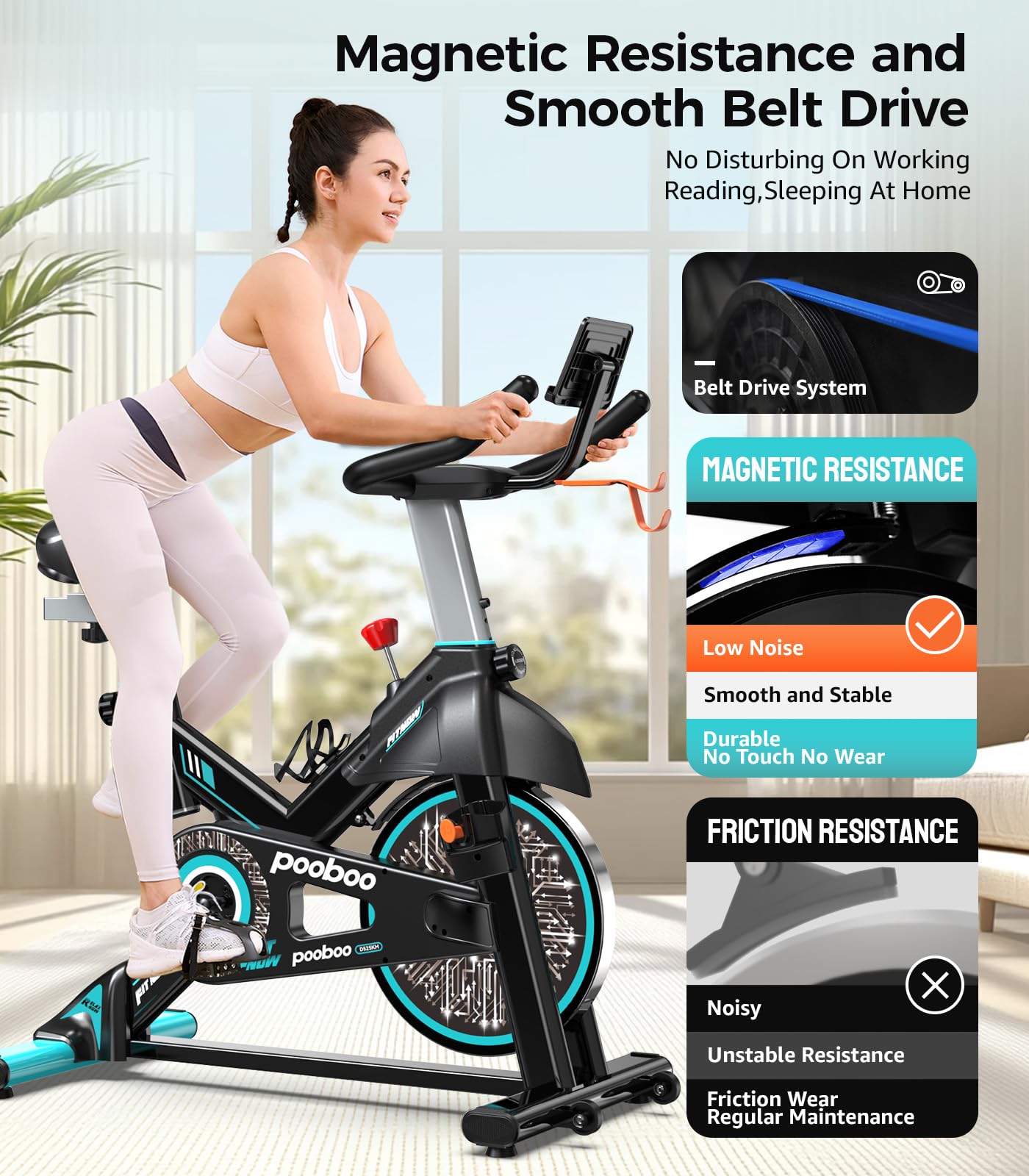 pooboo Exercise Bike, Adjustable Magnetic Resistance Silent Belt Drive, Indoor Cycling Bike for Home Cardio Gym, Fitness Stationary Bike Machine with 350lbs/300lbs Weight Capacity, Monitor with Pulse & Ipad Mount &Upgraded Version Seat