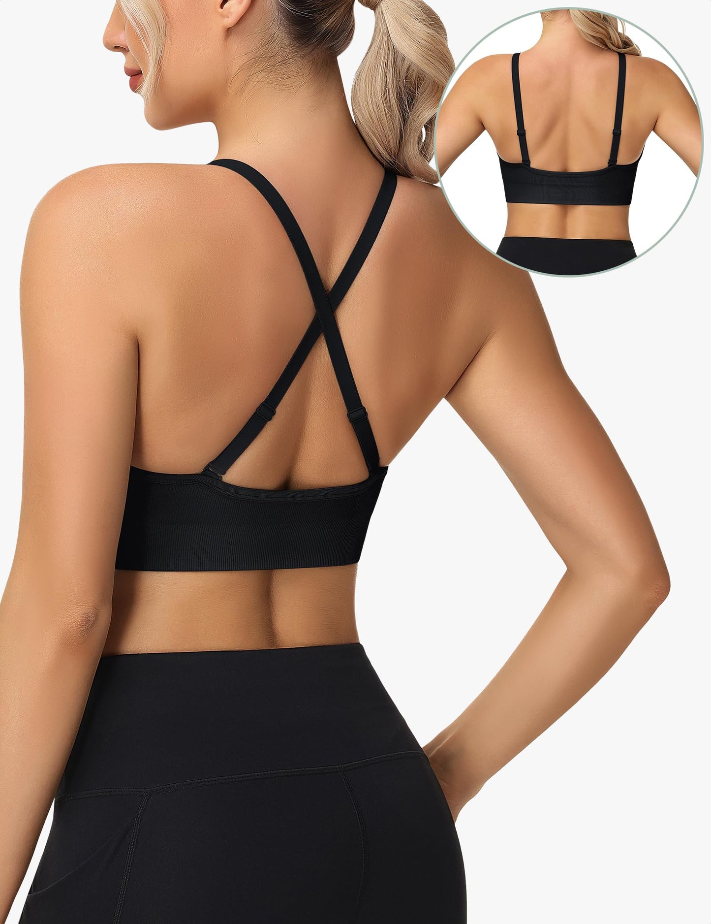 WANAYOU Sports Bras for Women, V Neck Adjustable Spaghetti Strap Criss Cross Sports Bra Padded Low Impact Wireless Seamless Sexy Bralettes for Athletic 3 Pack Black White Blue Medium