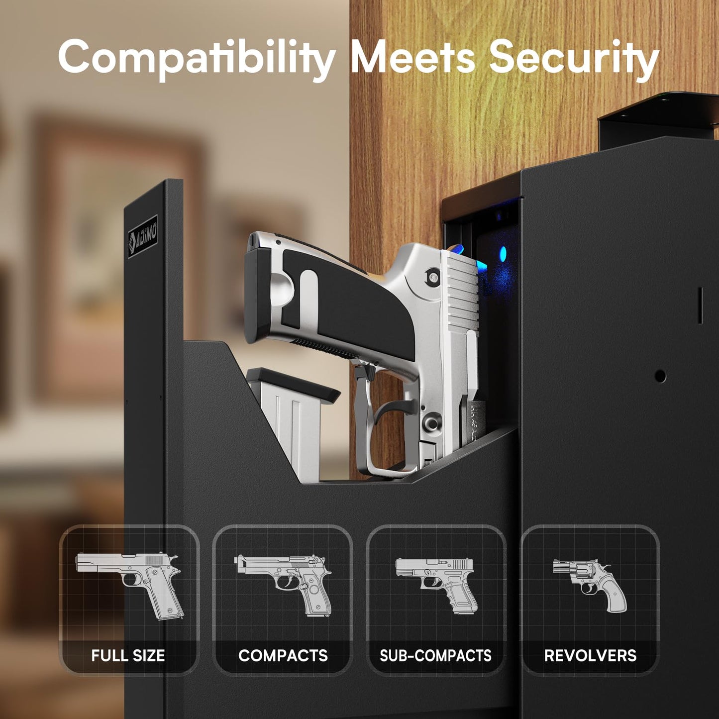 ADIMO Handgun Safe, Slider Biometric Fingerprint Gun Safe for Handgun Supports 3 Quickly Access Ways, Fingerprint, PIN Code and Key, Pistol Gun Lock Box for Car, Truck, Desk, Bedside