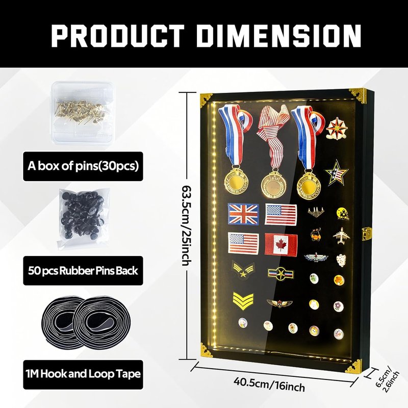 Large Pin Display Case - 25" X 16" with LED Lights & UV Protection | Black Acrylic for Medals & Collectibles