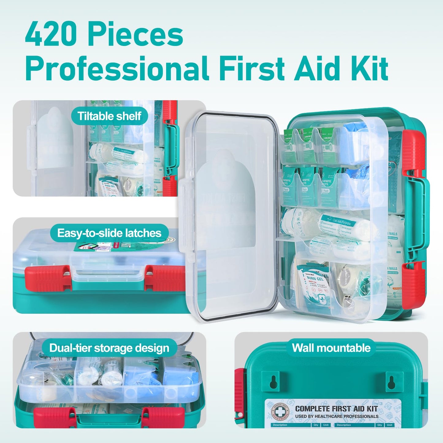 General Medi 420 Pieces Professional First Aid Kit - HardCase First Aid Box - Contains Premium Medical Supplies for Travel, Home, Office, Vehicle, Camping, Workplace & Outdoor