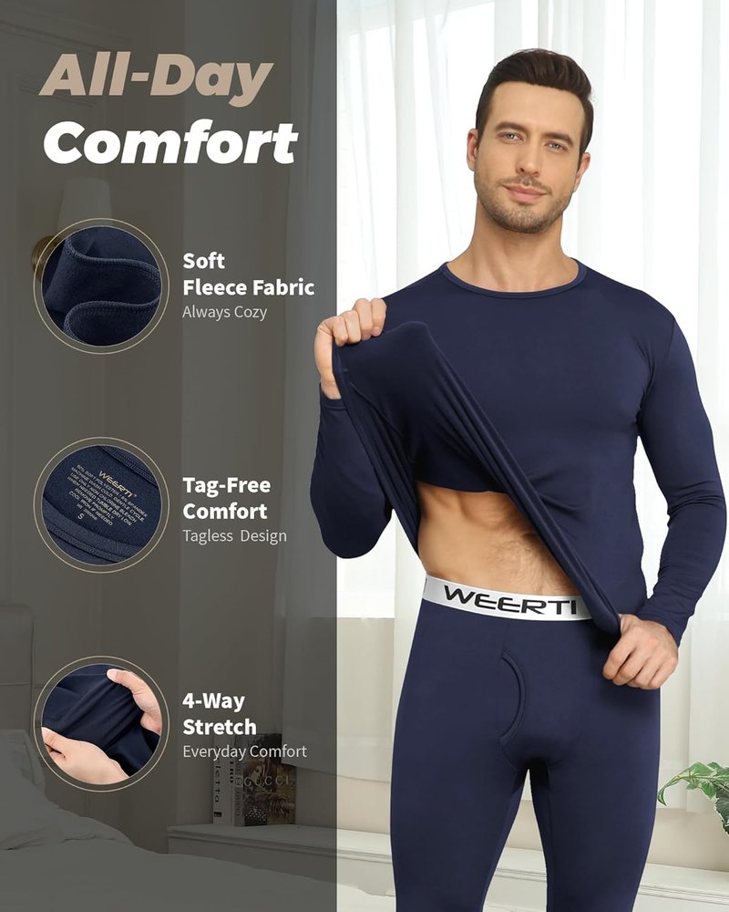Thermal Underwear for Men - Fleece Lined Long Johns | Cold Weather Base Layer Set
