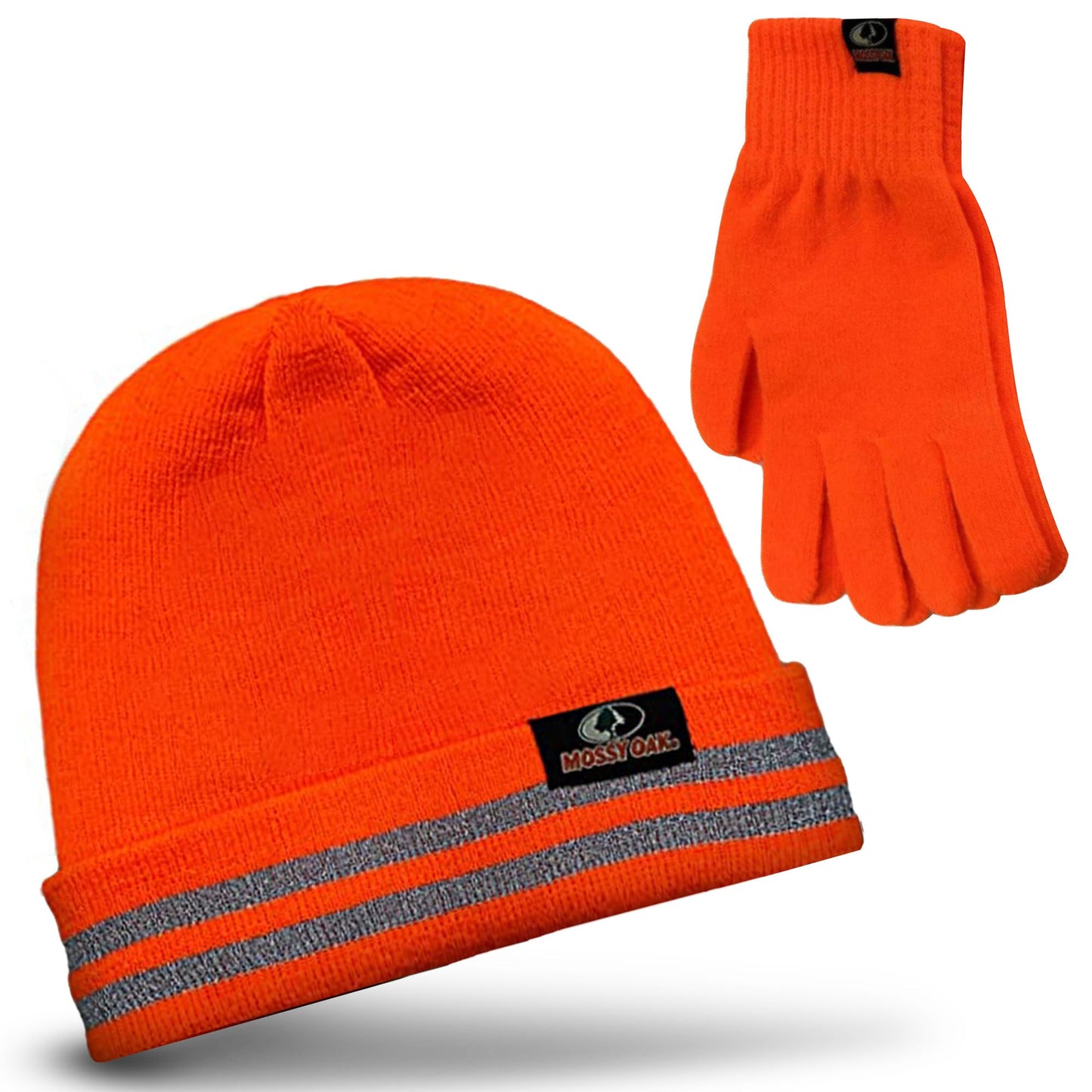 Reflective Rib Knitted Womens & Mens Hats - Warm and Cozy Beanie Hat - Unisex Winter Hat, Orange Set, One Size