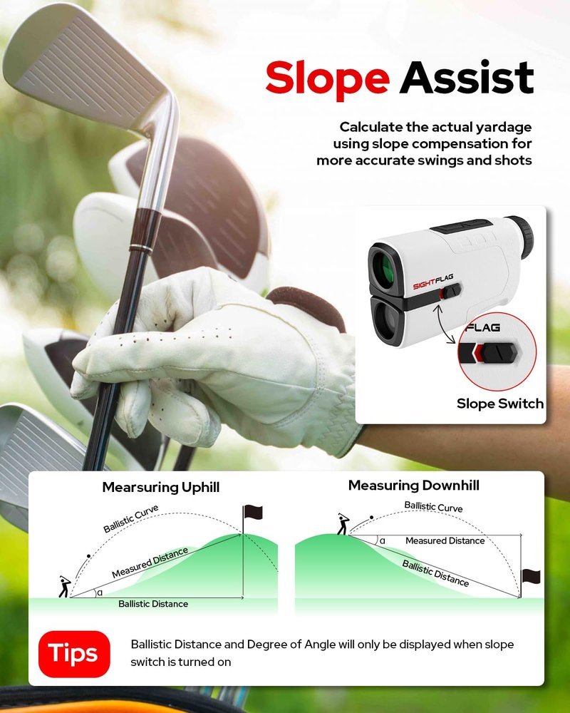 Golf Rangefinder with Slope, 1300 Yards Laser Range Finder Golf, 7.5X Magnification Flag Pole Locking Vibration Rechargeable Range Finders with Magnet Golf Accessories for Men Women Sightflag GF1
