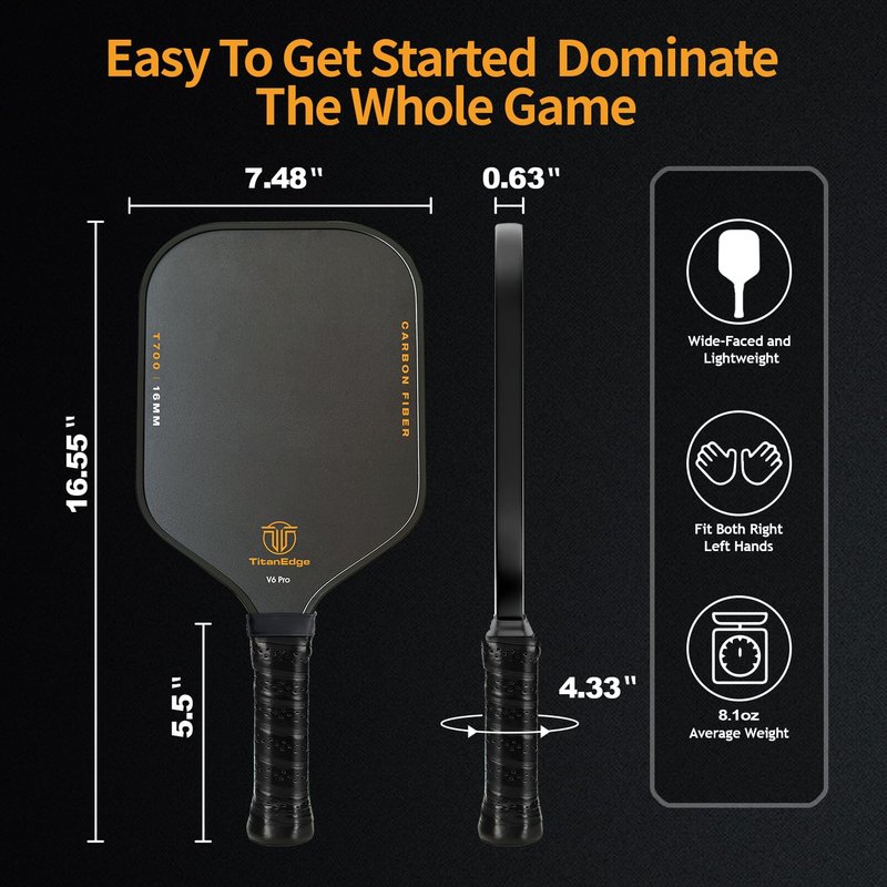 TitanEdge V6 Pro Pickleball Paddle – T700 Carbon Fiber Surface, Unibody Design,16mm Polypropylene Core, Lightweight Paddle for Power & Control, Durable Pickleball Racket for All Levels(Black)