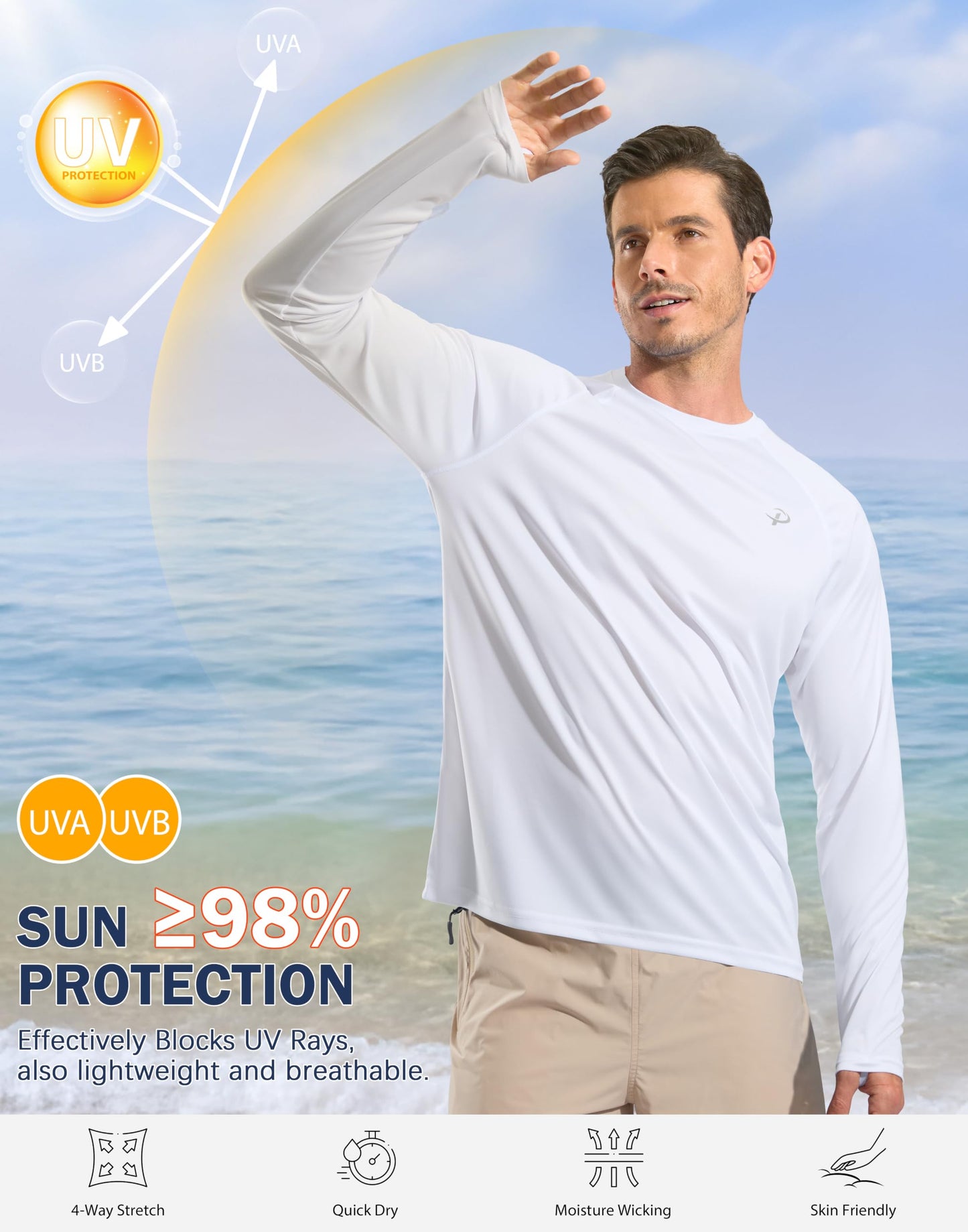 Pudolla Mens Sun Protection Shirts UV SPF T-Shirts UPF 50+ Long Sleeve Rash Guard Fishing Beach Quick Dry(White L)