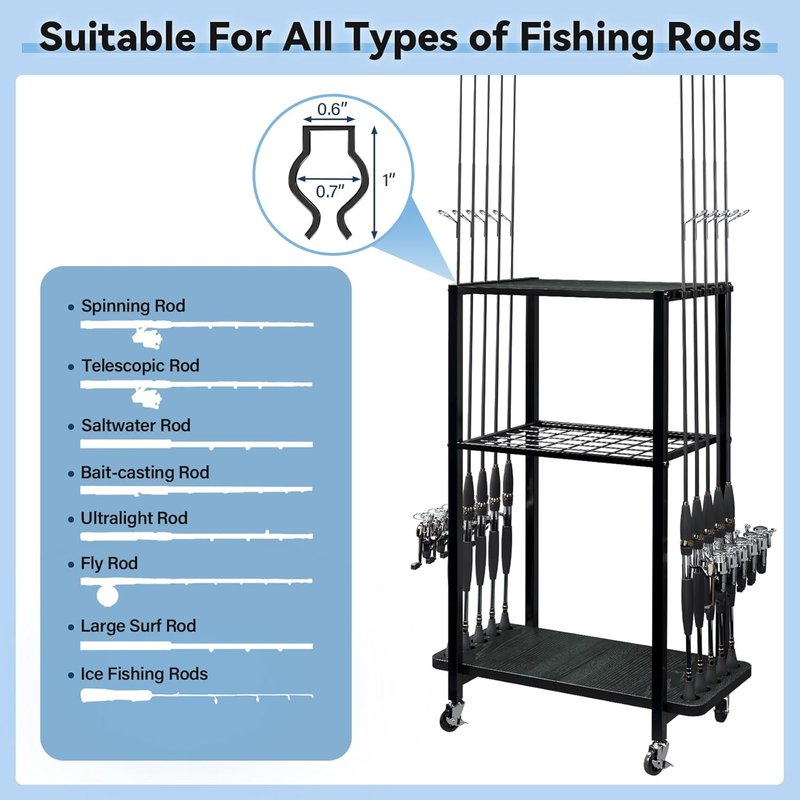 Fishing Rod Holder - 3-Tier Fishing Pole Rack Cart for 10 Rods | Tackle Storage Organizer with Bag - Black