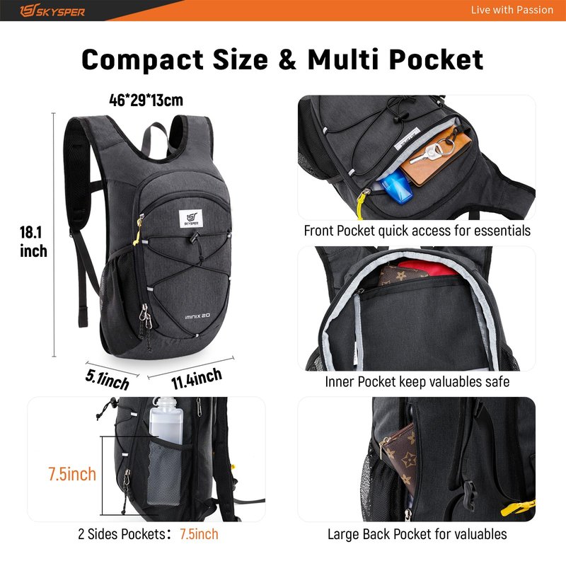 SKYSPER 20L Foldable Hiking Backpack Lightweight Packable Travel Daypack with Chest Strap Small Outdoor Folding Back Pack Collapsible Bag for Women Men (Black)