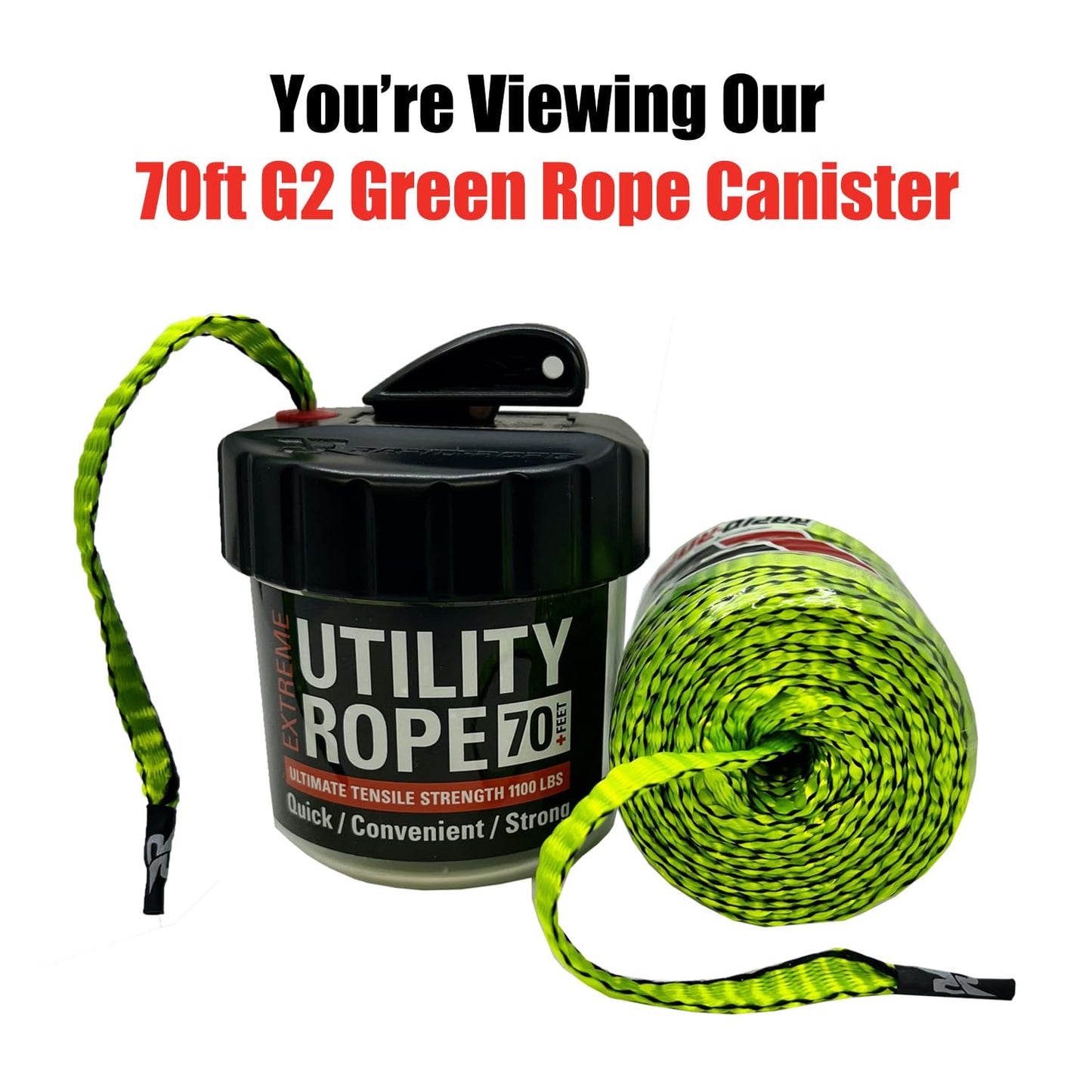 Rapid Rope Canister 70ft G2 Green Flat Tactical Paracord, Made in USA, 1100lb Tested Heavy Duty Poly Rope Test Cord, Non-Tangle Dispenser Included - Hiking, Camping, Survival, Utility, Climbing