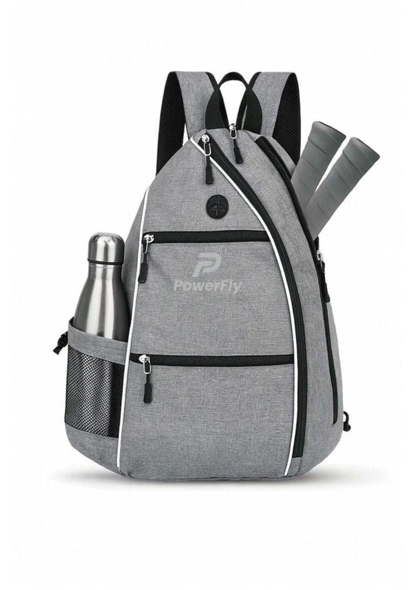 PowerFly Pickleball bag with Earphone Port, Multi-Pocket Design, Water Bottle Holder, Travel and Gym Bag (Grey)