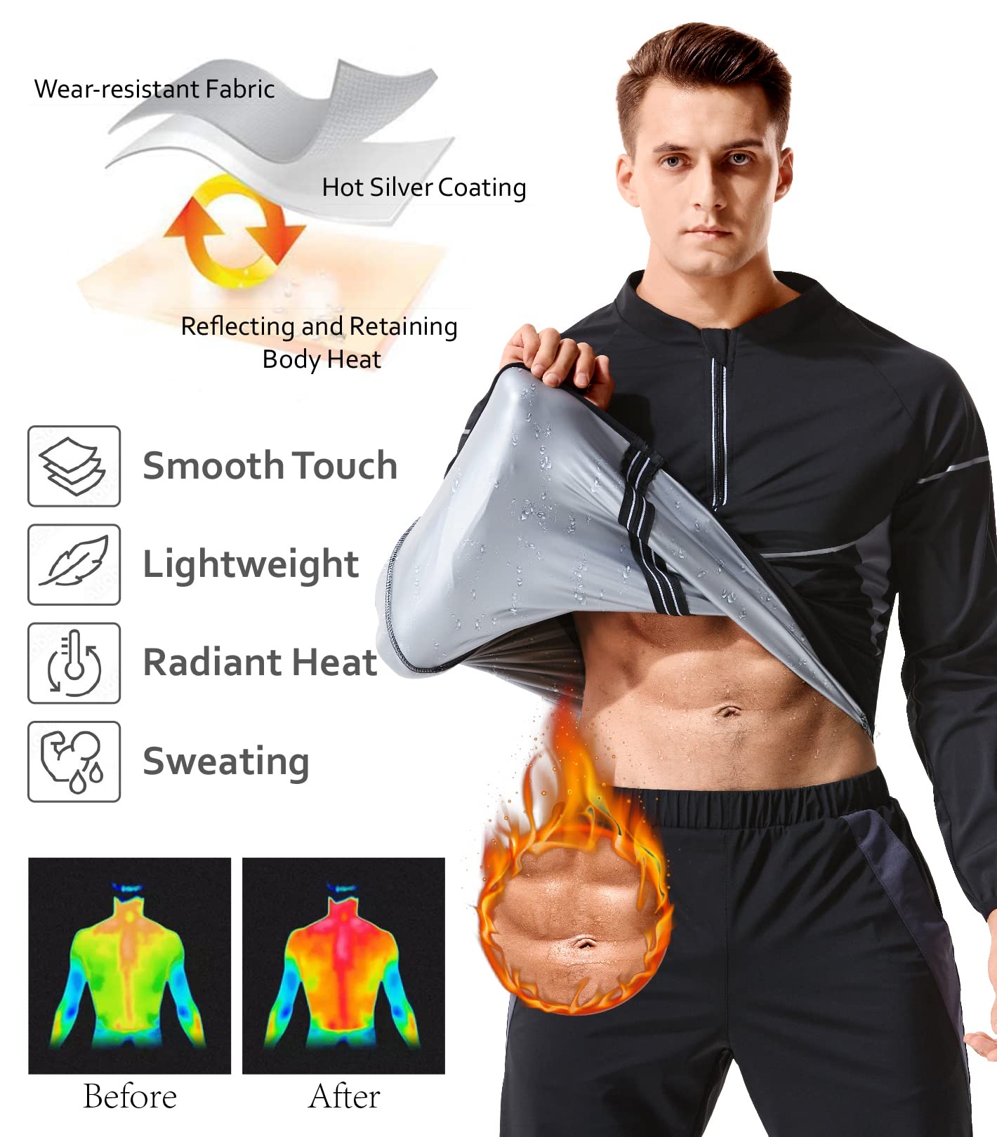 LAZAWG Sauna Suit for Men Sweat Sauna Jacket Long Sleeve Workout Zipper Sweat Top Gym Fitness Sauna Shirt