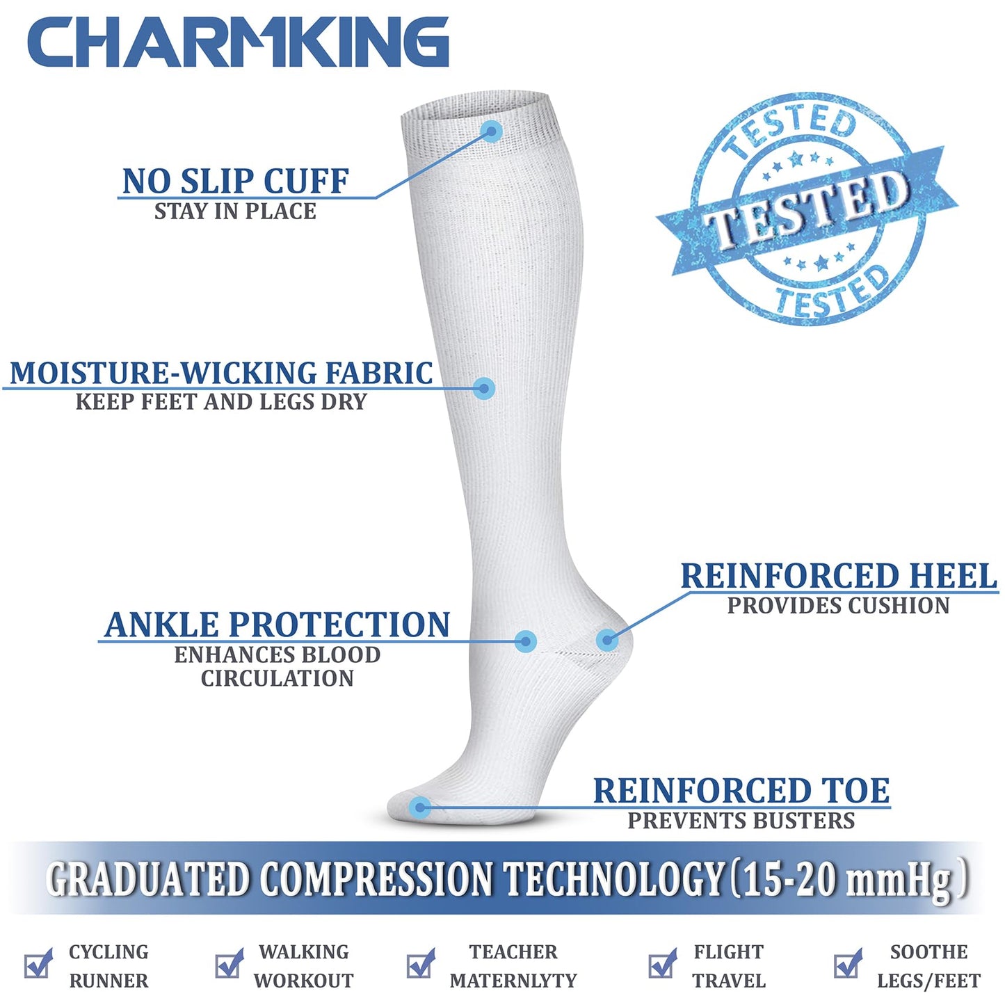 CHARMKING Compression Socks for Women & Men (8 Pairs) 15-20 mmHg Graduated Copper Support Calf Socks are Best for Pregnant, Nurses - Boost Performance, Circulation, Knee High Wide Calf(S/M, Multi 52)