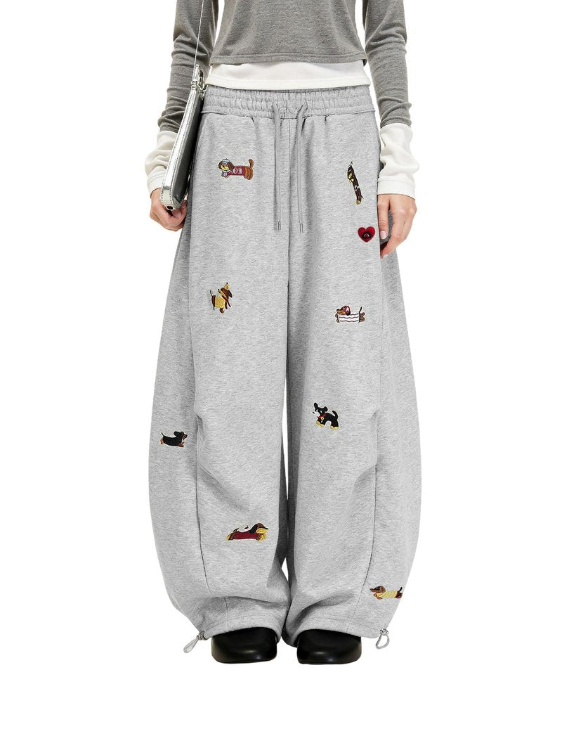 Aelfric Eden Embroidery Puppy Baggy Barrel Sweatpants Casual Y2K Elastic Drawstring Unisex Wide Leg Pants Lantern Trouser Grey S