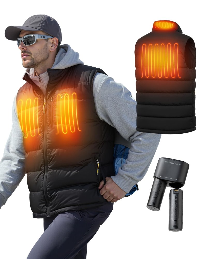 InoKraft Men Heated Vest with Battery Pack, Lightweight Quilted Vest (Charger Cable Included), Black, XL
