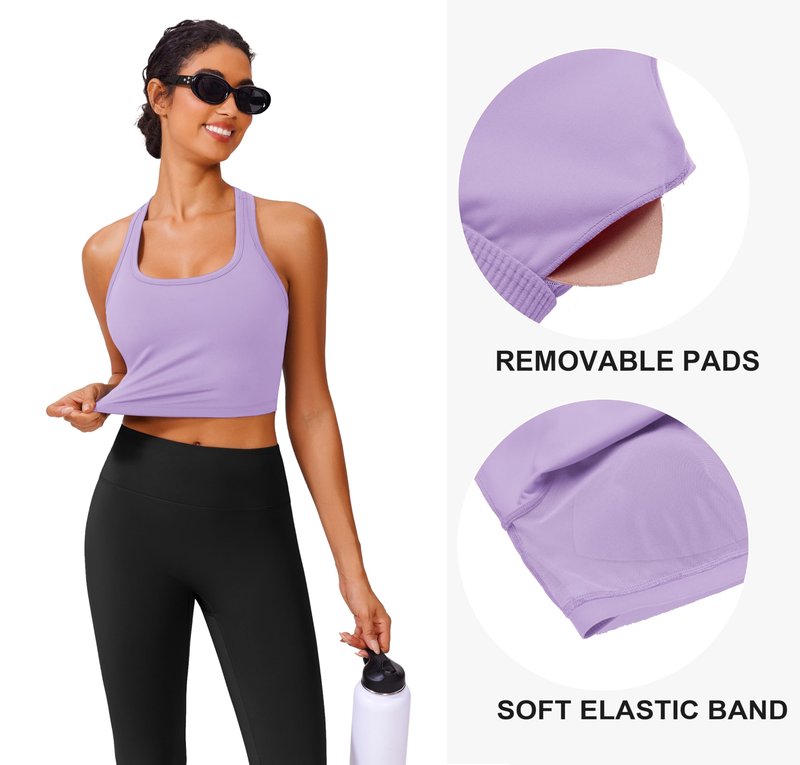 PINSPARK Racerback Sports Bras for Women Workout Tops Built in Bra Longline Padded Tank Tops Yoga Bras for Women Medium,Elfin Purple