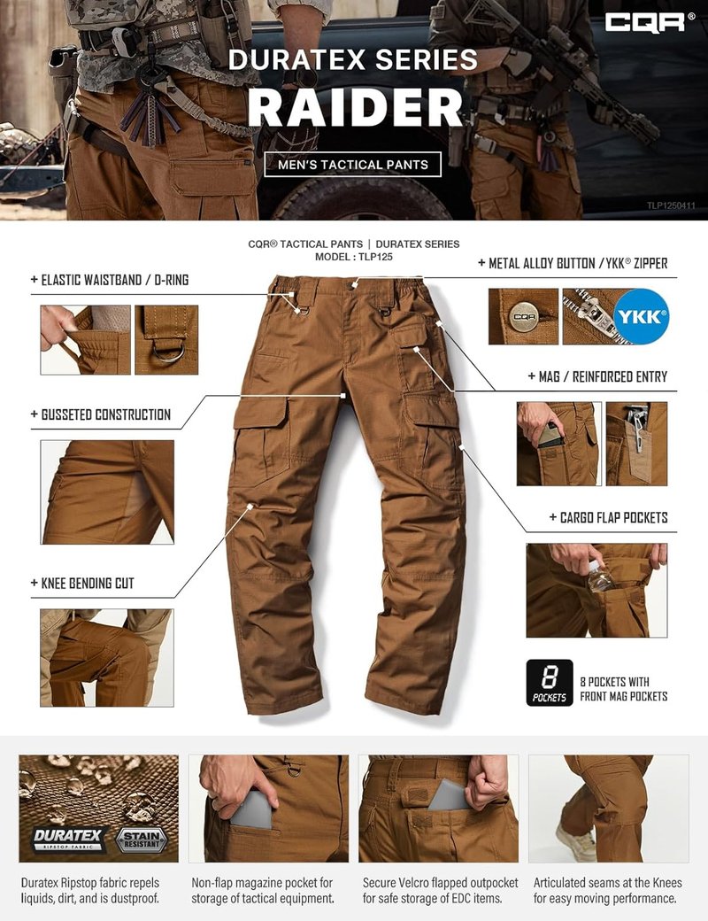 CQR Men's Tactical Pants - Water Resistant Ripstop Cargo Design | Lightweight EDC Work & Hiking Wear