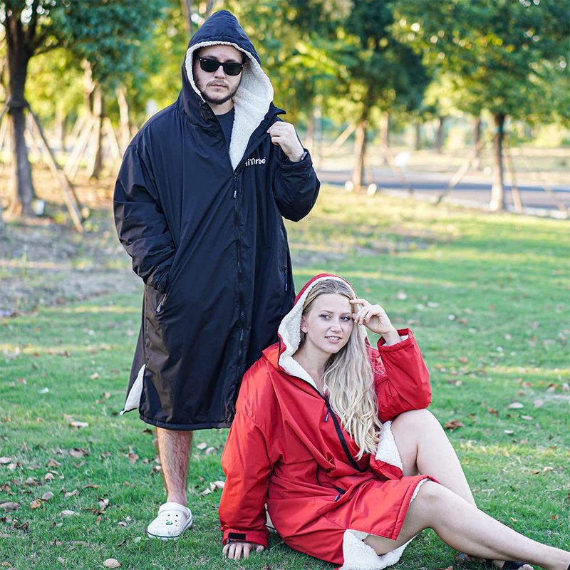 Hiturbo Warm Waterproof Swim Parka: Oversized Hooded Changing Robe - Sherpa Liner Swimming Coat - Recycled Fabric Surf Poncho (Black)