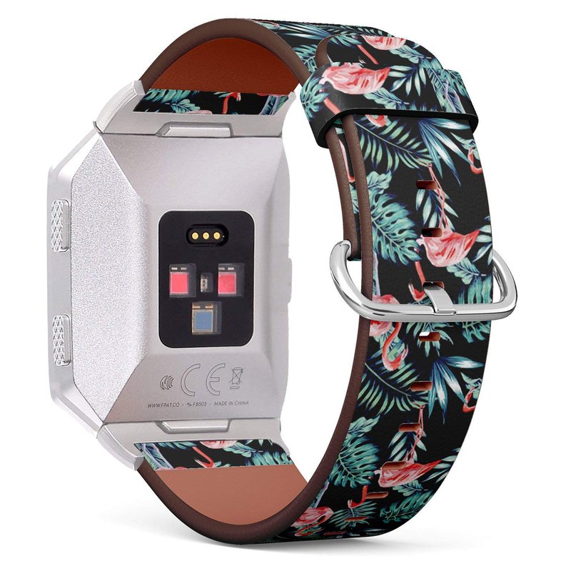 Compatible with FITBIT IONIC Leather Watch Wrist Band Strap Bracelet with Stainless Steel Clasp and Adapters (Exotic Bird Pink Flamingo)