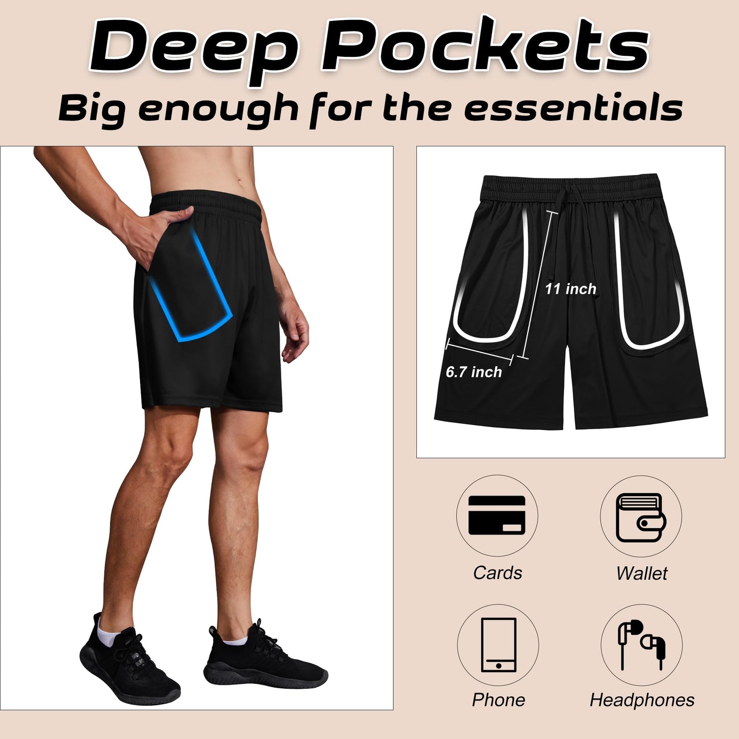 KCVENN Men Athletic Shorts Inseam 7" Basketball Gym Running Shorts with Pockets and Elastic Waistband Quick Dry