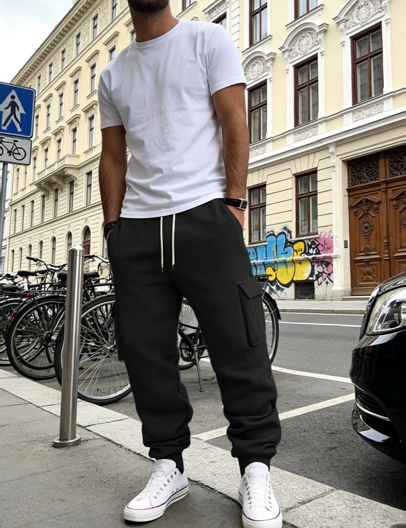 QOSOQ Men's Fleece Joggers with Pockets Heavyweight Winter Casual Sweatpants with Drawstring Elastic Waistband Black